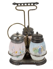 MT. WASHINGTON RIBBED (OMN) DECORATED OPAL THREE-BOTTLE CONDIMENT SET