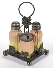 MT. WASHINGTON RIBBED (OMN) BURMESE THREE-PIECE CONDIMENT SET IN STAND