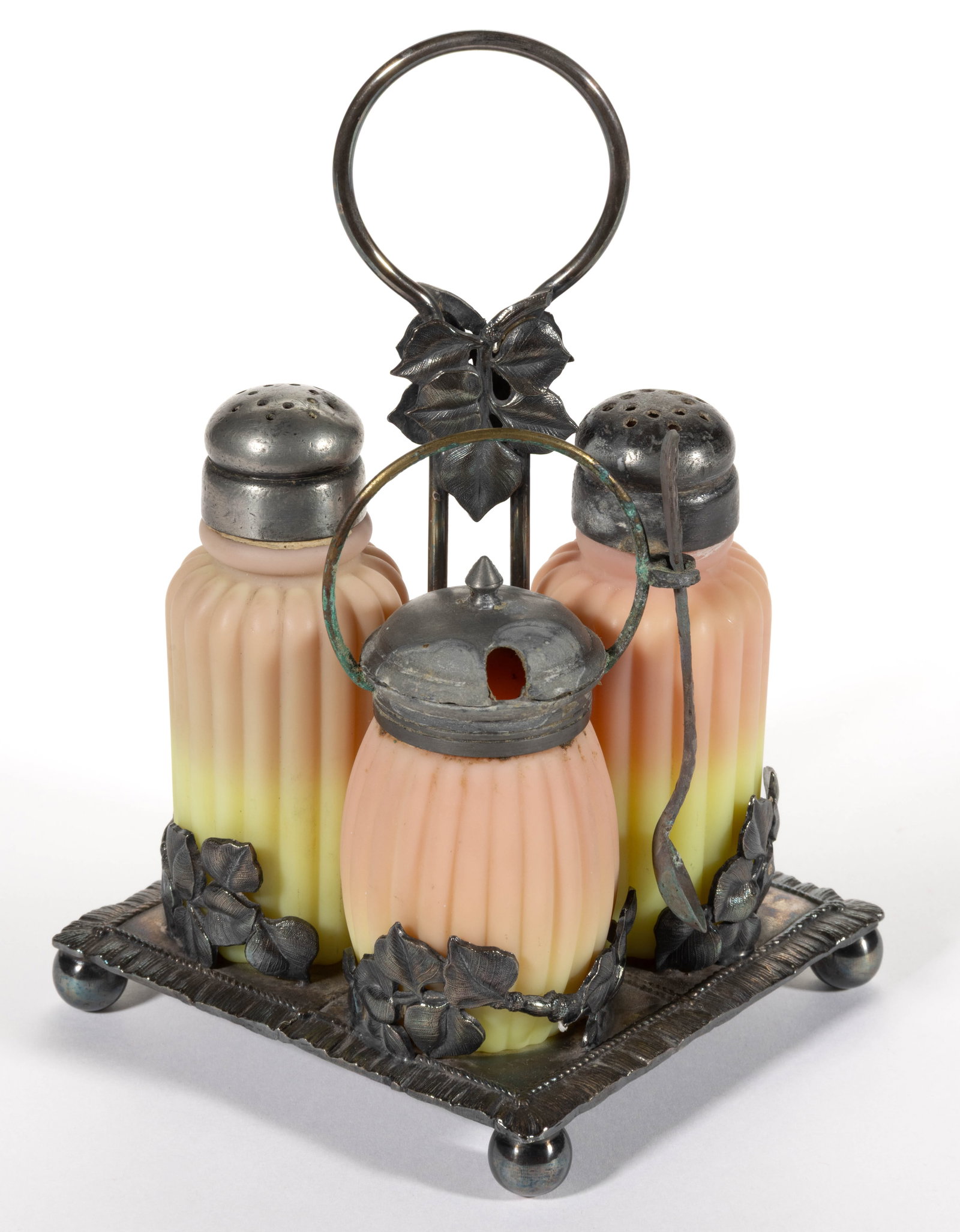 MT. WASHINGTON RIBBED (OMN) BURMESE THREE-PIECE CONDIMENT SET IN STAND: MT. WASHINGTON RIBBED (OMN) BURMESE THREE-PIECE CONDIMENT SET IN STAND, plush finish, comprising a pillar salt and pepper shaker and a matching mustard pot with spoon, each having a period lid; fitted