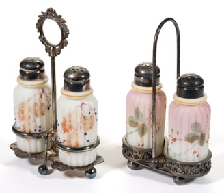 MT. WASHINGTON RIBBED (OMN) ENAMEL DECORATED SALT AND PEPPER SETS, LOT OF TWO