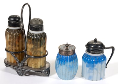 MT. WASHINGTON PILLAR / RIBBED DECORATED GLASS CONDIMENT ARTICLES, LOT OF THREE