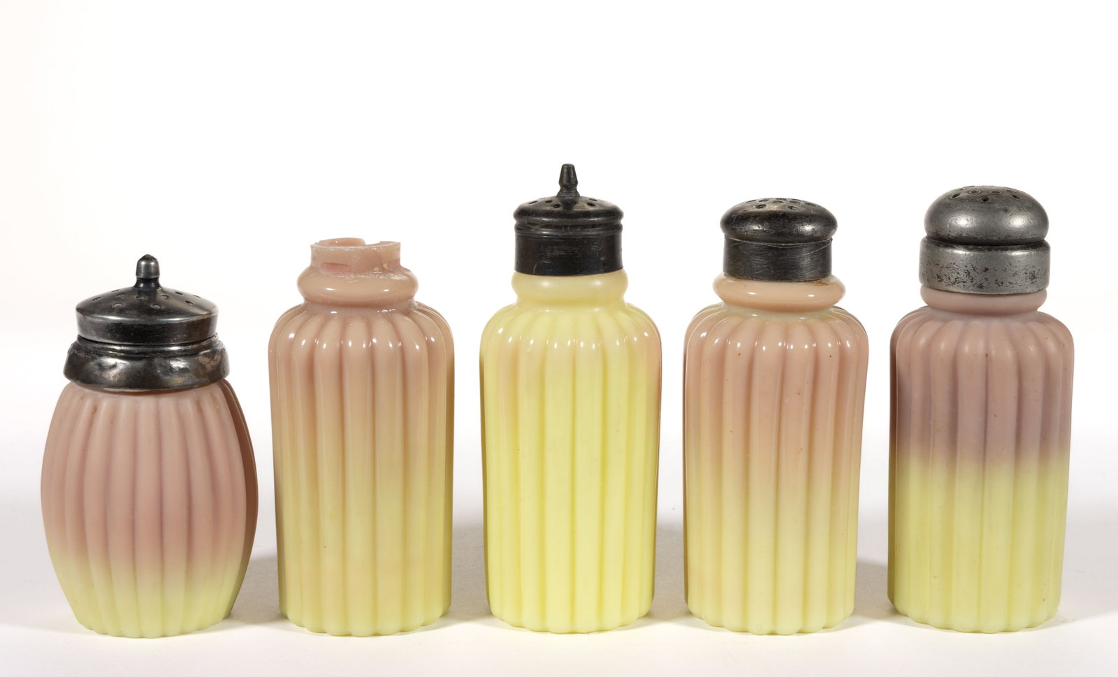 MT. WASHINGTON PILLAR - RIBBED (OMN) BURMESE SALT AND PEPPER SHAKERS, LOT OF FIVE: MT. WASHINGTON PILLAR - RIBBED (OMN) BURMESE SALT AND PEPPER SHAKERS, LOT OF FIVE, comprising three cylindrical forms being glossy, and a squat barrel form and tall cylindrical form being plush, four 