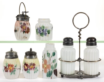 MT. WASHINGTON RIBBED / PILLAR OPAQUE GLASS CONDIMENT ARTICLES, LOT OF SIX