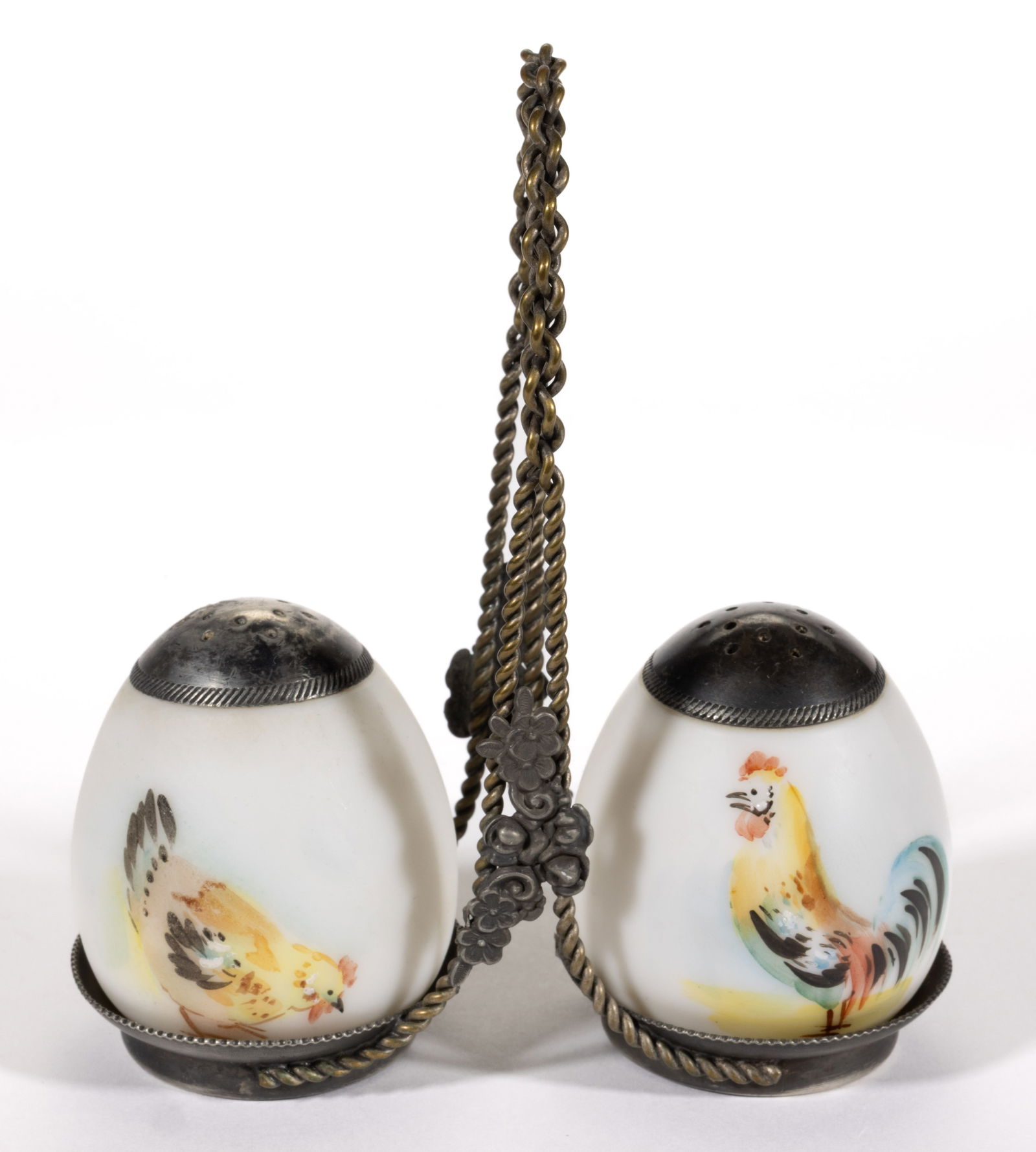 MT. WASHINGTON AND PAIRPOINT CHICKENS ENAMEL DECORATED SALT AND PEPPER SHAKER: MT. WASHINGTON AND PAIRPOINT CHICKENS ENAMEL DECORATED SALT AND PEPPER SHAKER, opaque white with polychrome-enamel decoration, comprising one with a hen pecking at the ground and the other with a roos
