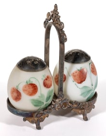 MT. WASHINGTON STRAWBERRIES ENAMEL DECORATED ART GLASS PAIR OF SALT AND PEPPER SHAKERS