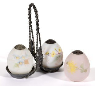 MT. WASHINGTON DECORATED OPAL OSTRICH EGG SALT AND PEPPER SHAKERS, LOT OF TWO