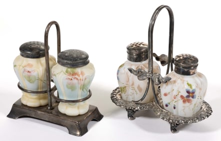 MT. WASHINGTON DECORATED OPAL ART GLASS SETS OF SALT AND PEPPER SHAKERS, LOT OF TWO