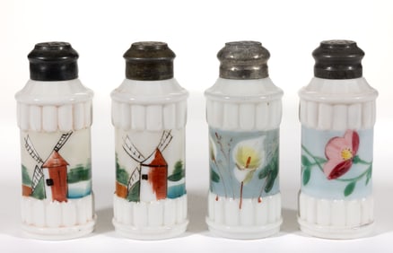 MT. WASHINGTON NARROW DOUBLE RIB DECORATED OPAL SALT AND PEPPER SHAKERS, LOT OF FOUR