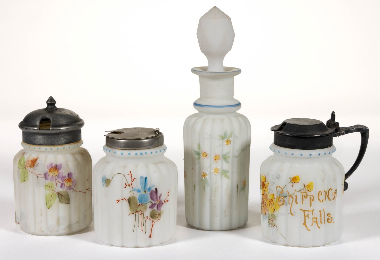 MT. WASHINGTON DECORATED OPAL ART GLASS CONDIMENT ARTICLES, LOT OF FOUR: MT. WASHINGTON DECORATED OPAL ART GLASS CONDIMENT ARTICLES, LOT OF FOUR, satin-finished opaque white with various polychrome-enamel hand-painted floral decorations, comprising three squat Ribbed (Pill