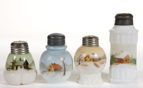 MT. WASHINGTON CABIN MOTIF DECORATED OPAL GLASS SALT AND PEPPER SHAKERS, LOT OF FOUR