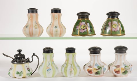 MT. WASHINGTON DECORATED OPAL ART GLASS SALT AND PEPPER SHAKERS, LOT OF EIGHT