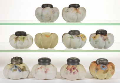 MT. WASHINGTON TOMATO / LOBED ENAMEL DECORATED ART GLASS SALT AND PEPPER SHAKERS, LOT OF TEN