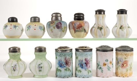 MT. WASHINGTON DECORATED OPAL ART GLASS SALT AND PEPPER SHAKERS, LOT OF 12