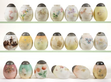 MT. WASHINGTON DECORATED OPAL EGG FORM SALT AND PEPPER SHAKERS, LOT OF 20