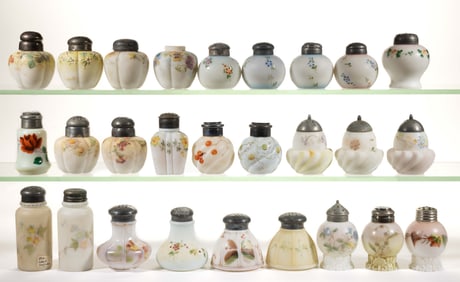 MT. WASHINGTON DECORATED OPAL ART GLASS SALT AND PEPPER SHAKERS, LOT OF 27