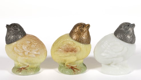 CHICK ON PEDESTAL FIGURAL SALT AND PEPPER SHAKERS, LOT OF THREE