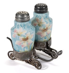 WAVE CREST KELVA ENAMEL DECORATED ART GLASS SALT AND PEPPER SHAKER IN STAND