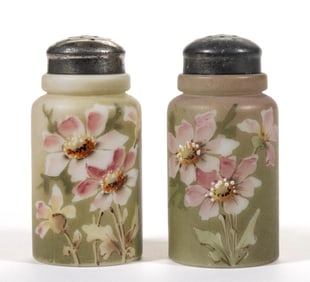 WAVE CREST KELVA DECORATED OPAL ART GLASS PAIR OF SALT AND PEPPER SHAKERS