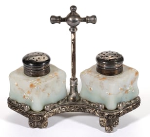 WAVE CREST FOURSQUARE / BILLOWS ENAMEL DECORATED ART GLASS SET OF SALT AND PEPPER SHAKERS