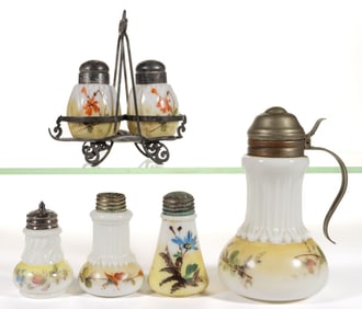 WAVE CREST OPAQUE ENAMEL DECORATED ART GLASS CONDIMENT ARTICLES, LOT OF FIVE