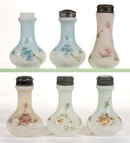 WAVE CREST BELLE WARE DECORATED OPAL ART GLASS SALT AND PEPPER SHAKERS, LOT OF SIX