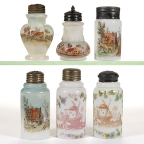 WAVE CREST DECORATED OPAL ART GLASS SALT AND PEPPER SHAKERS, LOT OF SIX