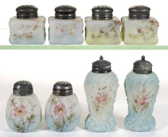 WAVE CREST ENAMEL DECORATED ART GLASS SALT AND PEPPER SHAKERS, LOT OF EIGHT