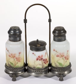 DECORATED OPAL GLASS THREE-BOTTLE CONDIMENT SET