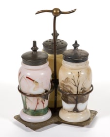 CHRISTMAS PEARL DECORATED OPAL GLASS THREE-BOTTLE CONDIMENT SET