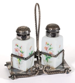 DECORATED OPAL TAPERED SHOULDER CUBE SALT AND PEPPER SHAKER IN STAND