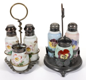 DECORATED OPAL GLASS THREE-BOTTLE CONDIMENT SETS, LOT OF TWO