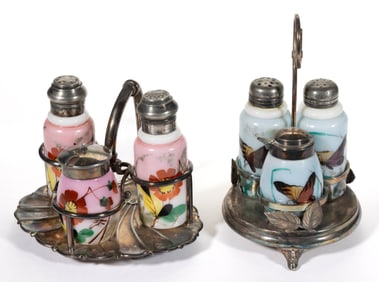 DECORATED OPAL GLASS THREE-BOTTLE CONDIMENT SETS, LOT OF TWO