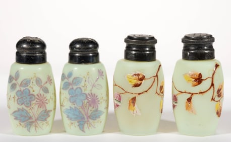 DECORATED CUSTARD GLASS SALT AND PEPPER SHAKERS, LOT OF FOUR