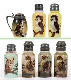 OWL DECORATED OPAL CREASED NECK GLASS CONDIMENT ARTICLES, LOT OF SEVEN