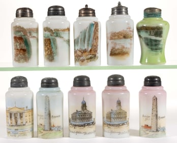 VICTORIAN SCENIC LANDSCAPE TRANSFER-DECORATED OPAL ART GLASS SALT AND PEPPER SHAKERS, LOT OF TEN