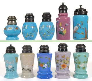 ASSORTED OPAQUE ENAMEL DECORATED GLASS CONDIMENT ARTICLES, LOT OF TEN