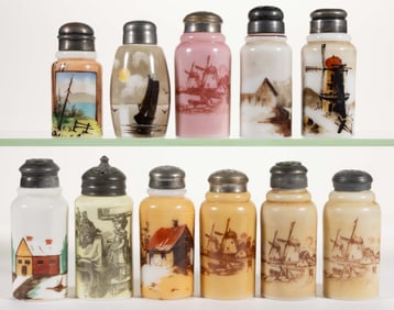 VICTORIAN DECORATED OPAL GLASS SALT AND PEPPER SHAKERS, LOT OF 11