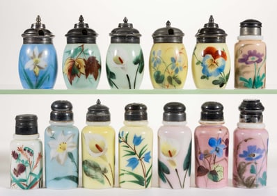 VICTORIAN DECORATED OPAL GLASS CONDIMENT ARTICLES, LOT OF 13