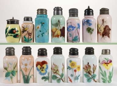 VICTORIAN DECORATED OPAL GLASS CONDIMENT ARTICLES, LOT OF 14