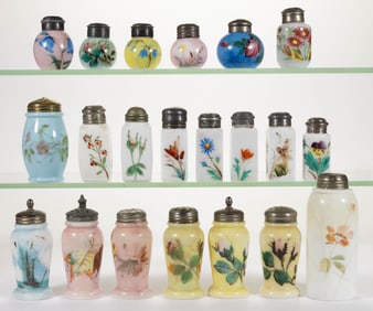 ASSORTED DECORATED OPAL SALT AND PEPPER SHAKERS, LOT OF 21