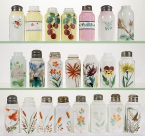 VICTORIAN DECORATED OPAL CREASED NECK SALT AND PEPPER SHAKERS, LOT OF 22