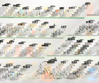 ASSORTED DECORATED OPAQUE WHITE / MILK GLASS SALT AND PEPPER SHAKERS, LOT OF 32