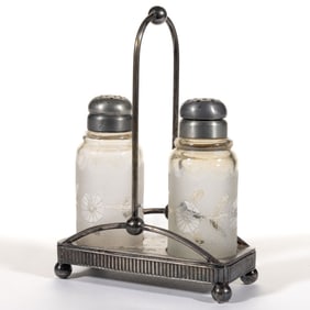 POMONA CORNFLOWER - SECOND PATENT ETCHED ART GLASS SALT AND PEPPER SHAKER IN STAND