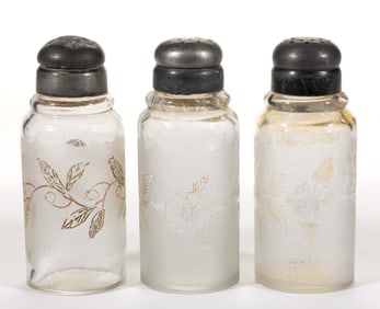 POMONA ETCHED ART GLASS SALT AND PEPPER SHAKERS, LOT OF THREE