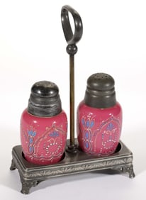 VICTORIAN BEAD WORK OPAQUE GLASS SET OF SALT AND PEPPER SHAKERS