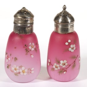 WEBB ATTRIBUTED DECORATED PEACHBLOW ART GLASS PAIR OF SALT AND PEPPER SHAKERS