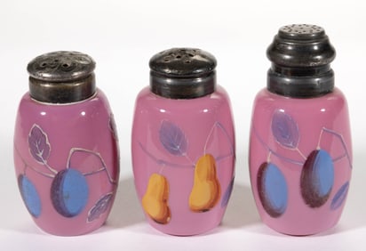 ENGLISH FRUITS ENAMEL DECORATED GLASS SALT AND PEPPER SHAKERS, LOT OF THREE