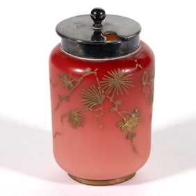 STEVENS AND WILLIAMS DECORATED PEACHBLOW ART GLASS MUSTARD POT