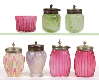 STEVENS AND WILLIAMS ATTRIBUTED ART GLASS CONDIMENT ARTICLES, LOT OF SEVEN