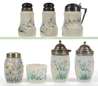 ENGLISH BRISTOL OPALINE ENAMEL DECORATED GLASS CONDIMENT ARTICLES, LOT OF SEVEN
